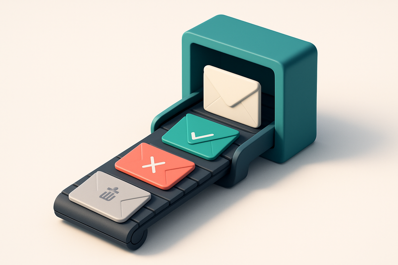 An isometric view of a digital inbox with a conveyor belt passing envelopes—green 'valid' envelopes, red 'invalid' ones,