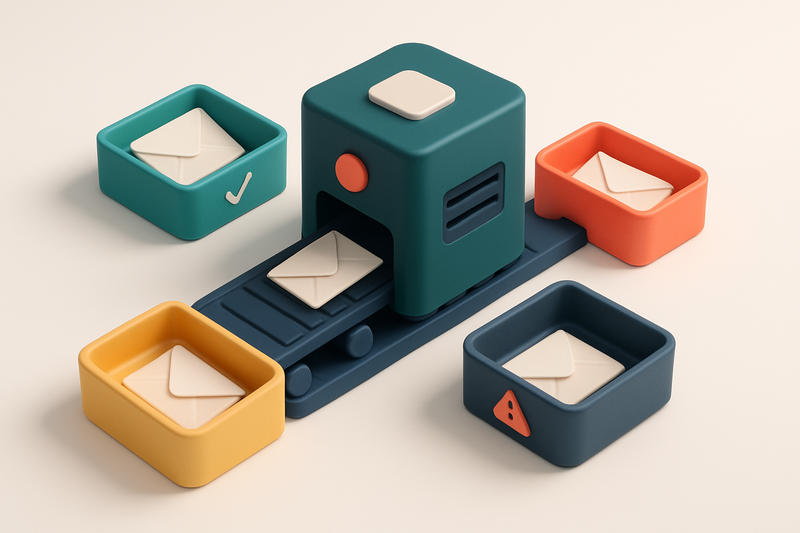 Hero: an isometric email inbox with envelopes being sorted into a green 'valid' tray and a red 'invalid' tray, a yellow