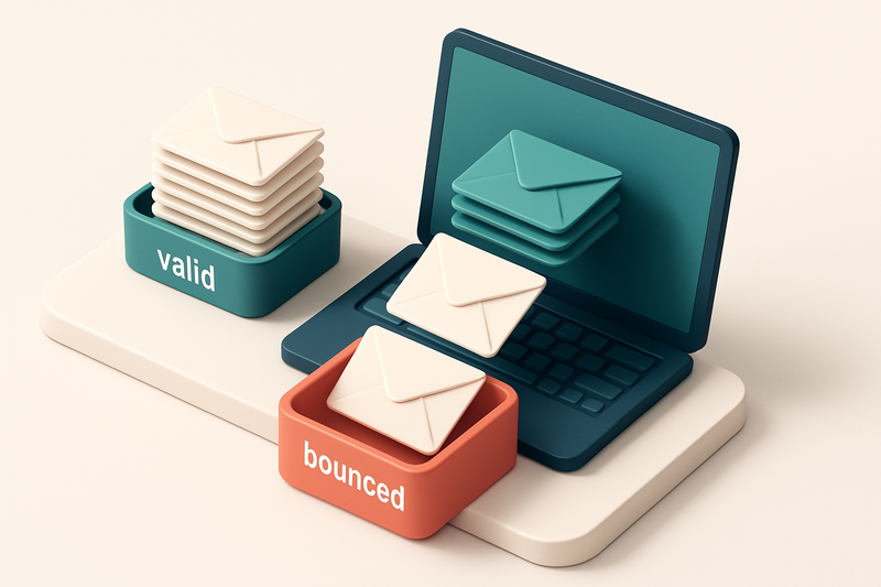 an isometric desk with a stack of envelopes labeled 'invalid,' 'catch-all,' and 'risky' being pushed into a red 'bounced