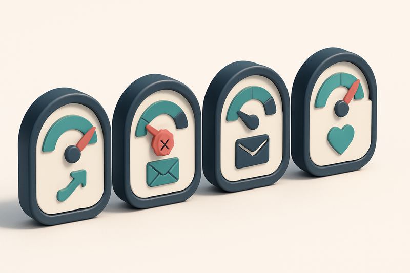a row of four gauges showing delivery, bounce, spam, and engagement metrics