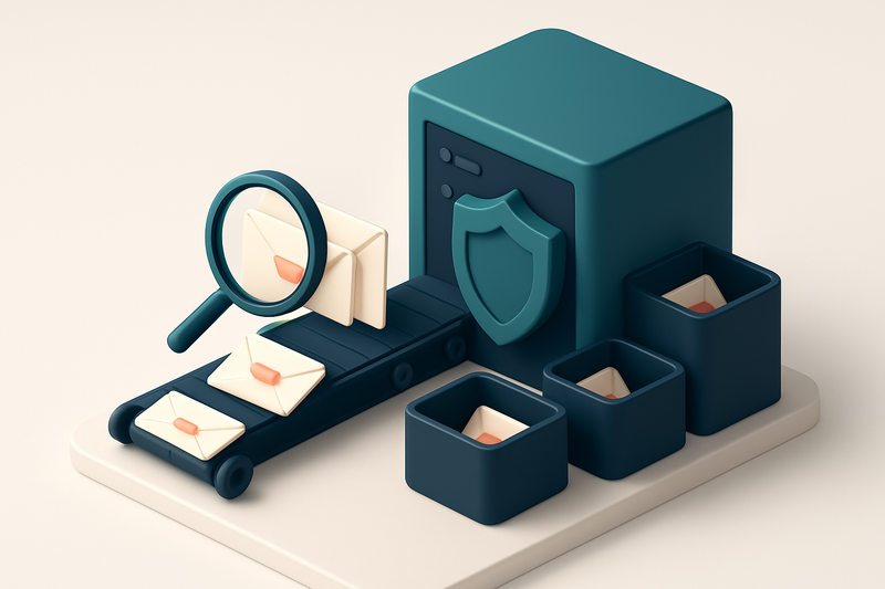 A 3D isometric view of a secure government email server room with a conveyor belt moving labeled envelopes (valid, inval