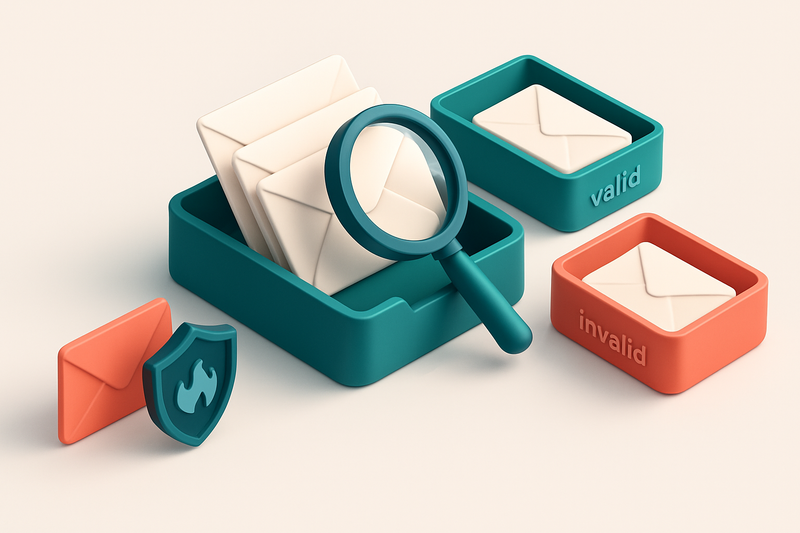 an isometric email inbox with envelopes being sorted onto a green 'valid' tray and a red 'invalid' tray, a magnifying gl