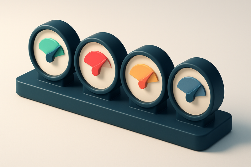 A row of four gauges showing real-time verification status: green (valid), red (invalid), yellow (risky), blue (catch-al