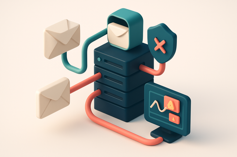 An isometric server rack with three outgoing email streams: one green 'authentic' stream flowing into a secure inbox, on