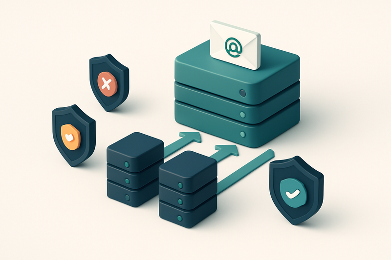 an isometric server array with three labeled domains (marketing.example.com, support.example.net, billing.example.org) s