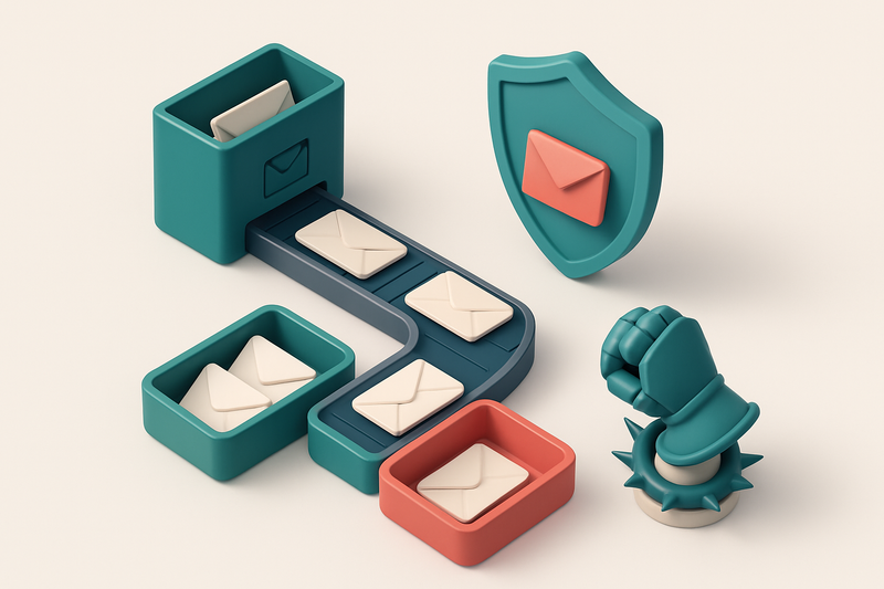 An isometric email inbox with a conveyor belt delivering envelopes that split into green 'valid' and red 'invalid' trays