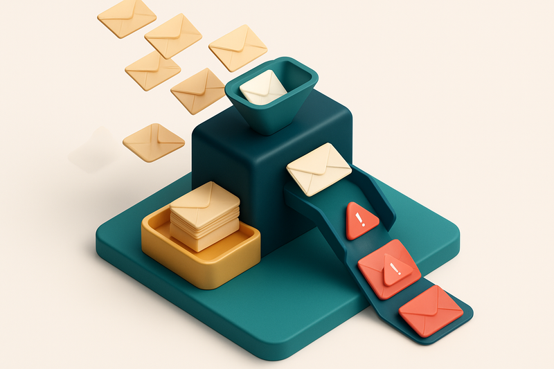 An isometric inbox tower with dozens of envelopes being scanned and sorted: valid ones land on a gold 'inbox' platform,