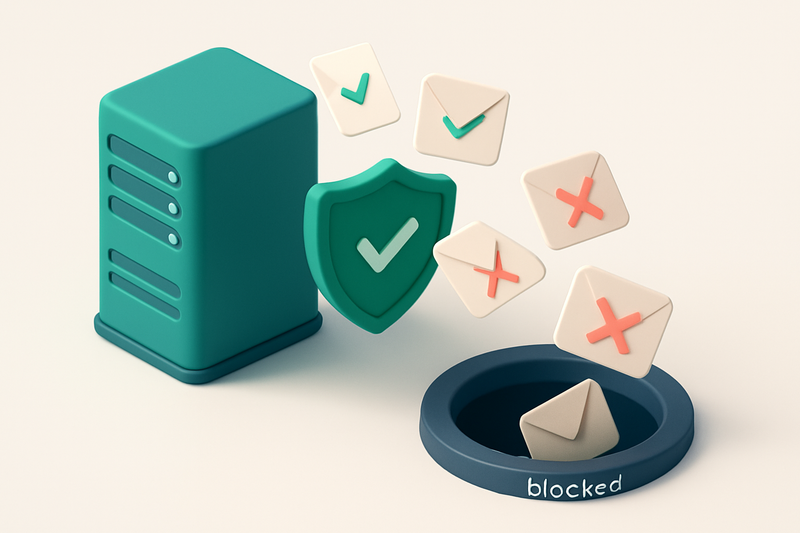 an isometric server rack with red 'invalid' and 'catch-all' envelopes falling into a blackhole labeled 'blocked' while g