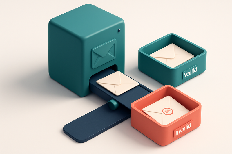 An isometric email server with a conveyor belt feeding envelopes into two separate trays: a green 'valid' tray and a red