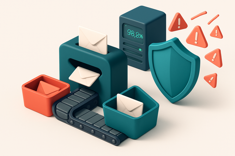 Hero: an isometric email inbox with a conveyor belt feeding envelopes from a red 'invalid' bin and a green 'valid' bin,