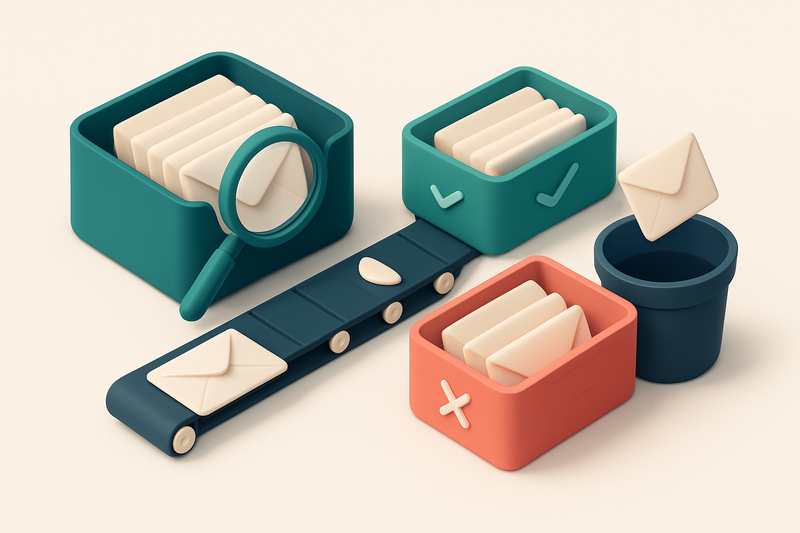 An isometric email inbox with envelopes being sorted onto a green 'valid' tray and a red 'invalid' tray, a magnifying gl