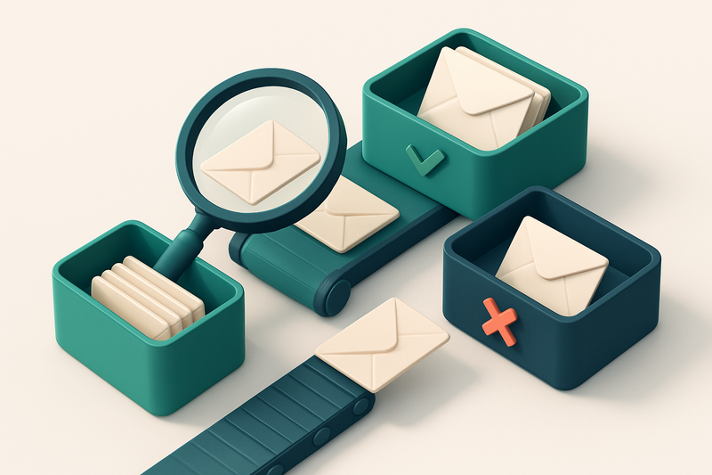 an isometric inbox with envelopes being sorted onto a green 'valid' tray and a red 'invalid' tray, a magnifying glass sc
