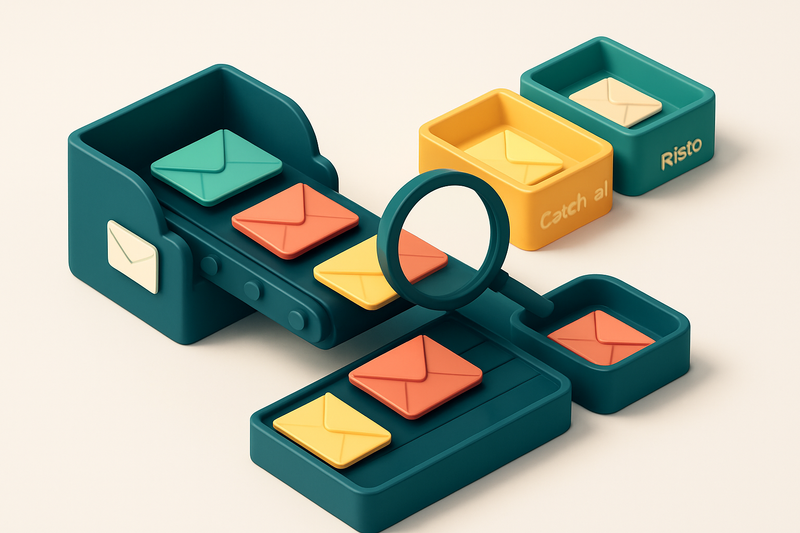 Hero: an isometric email inbox with envelopes labeled 'Valid' (green), 'Invalid' (red), 'Catch-all' (yellow), and 'Risky