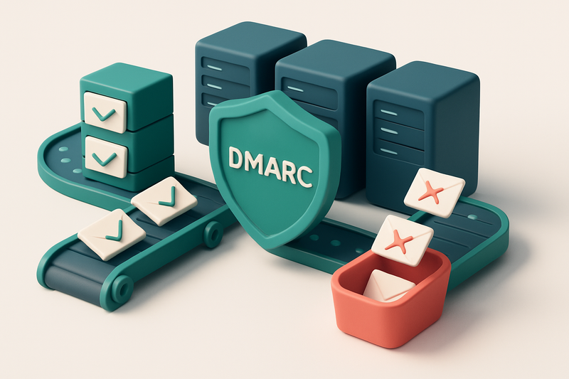 An isometric data center with a shield labeled 'DMARC' in the center, surrounded by conveyor belts carrying email envelo
