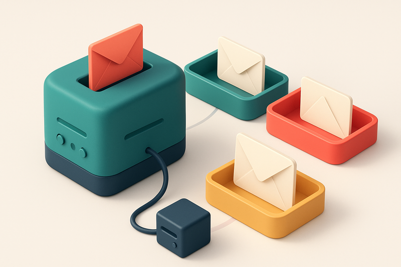 an isometric email inbox with envelopes being scanned, sorted into a green 'valid' tray, a red 'invalid' tray, and a yel