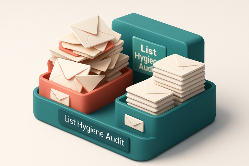 Hero: an isometric email inbox with dozens of envelopes stacked unevenly on a red 'bounces' tray and a green 'valid' tra