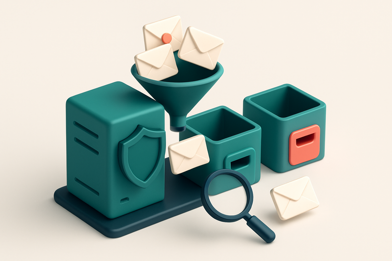 An isometric view of a fortified email server with a shield labeled 'DMARC', multiple incoming envelopes marked 'SPF', '