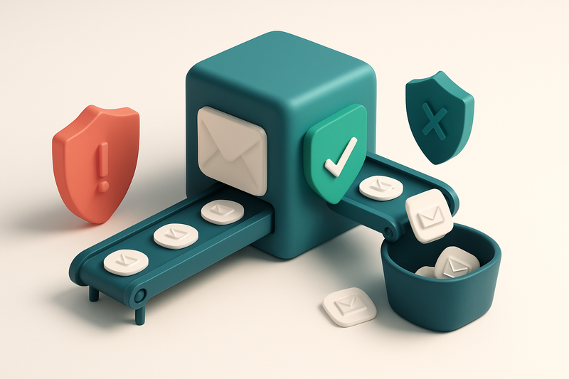 Hero: an isometric illustration of a digital mail server with a green 'trusted' shield, a red 'blacklisted' shield, and