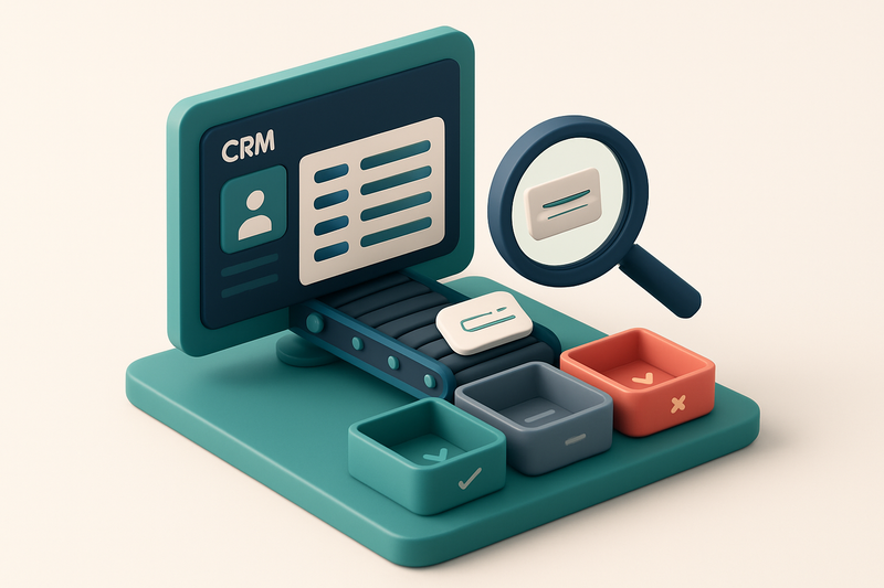 An isometric desk with a CRM dashboard showing leads, a conveyor belt sorting email addresses into green 'valid' and red