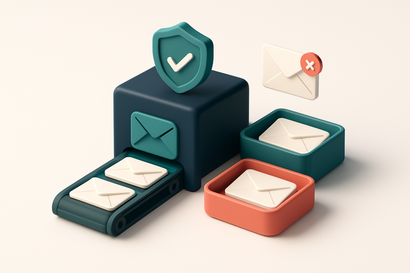 an isometric email inbox with envelopes being scanned by a shield-shaped validator, some landing on a green 'valid' tray