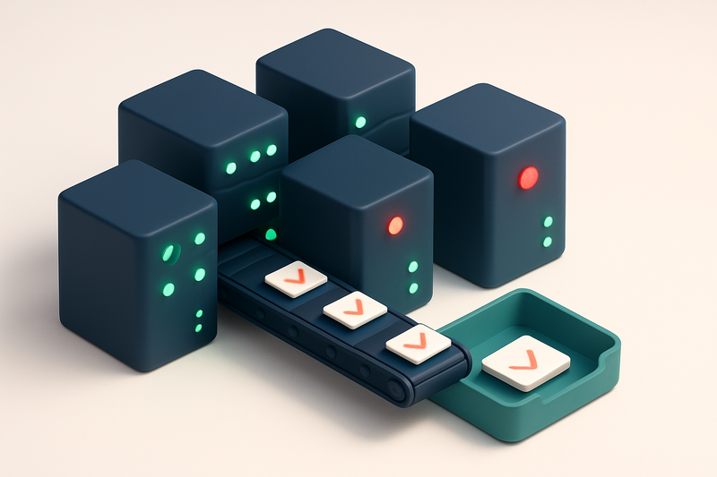 An isometric email server cluster with green LEDs glowing on active DKIM verification nodes, a red 'failed' light on one