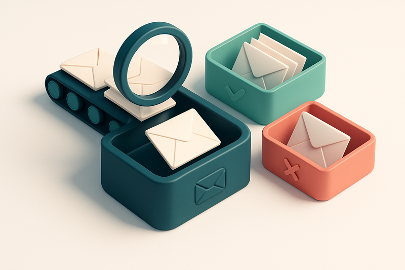 an isometric email inbox with envelopes being sorted onto a green 'valid' tray and a red 'invalid' tray, a magnifying gl