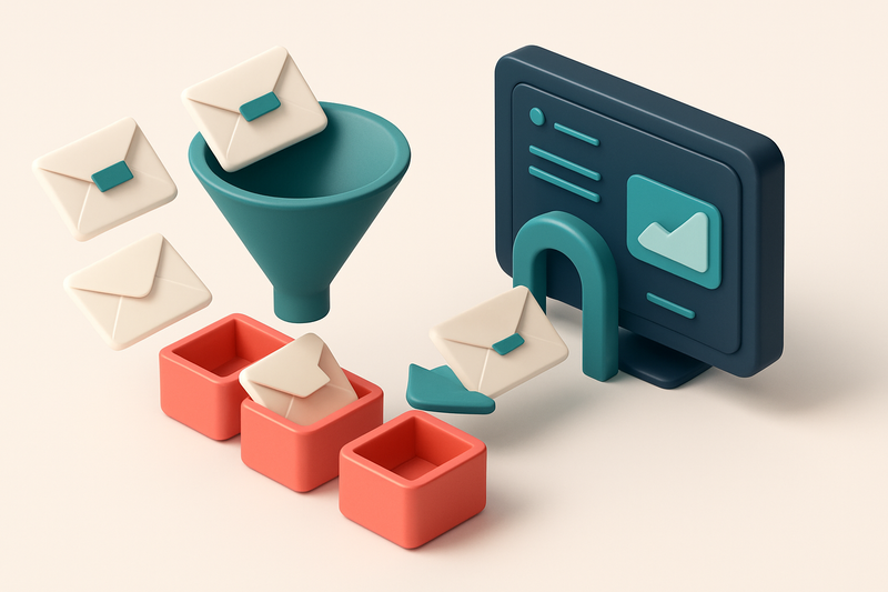 An isometric view of a lead intake funnel with envelopes labeled 'invalid', 'role', and 'risky' diverging into red 'reje