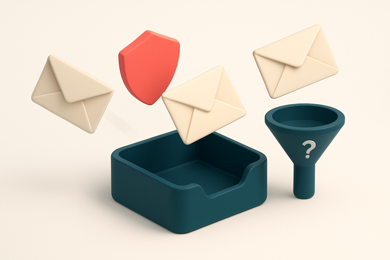 an isometric email inbox with envelopes flying in from the side — one lands directly in 'inbox', another is rejected by