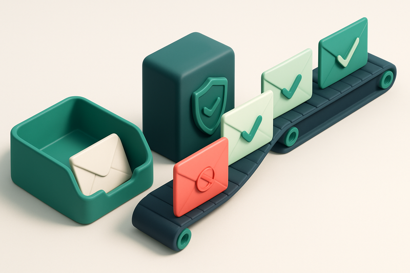 An isometric illustration of a green 'inbox' with five envelopes entering from the right—a red 'failed' envelope with a