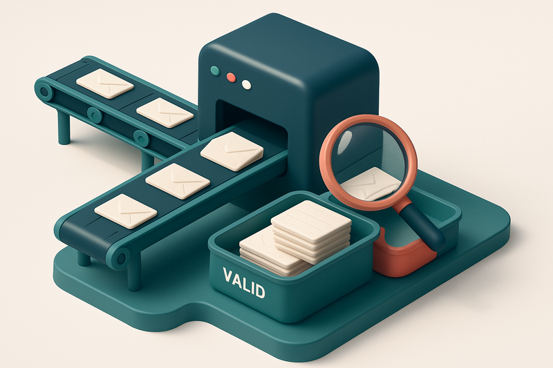 Hero: an isometric industrial warehouse with conveyor belts feeding envelopes into a sorting machine; two output trays —