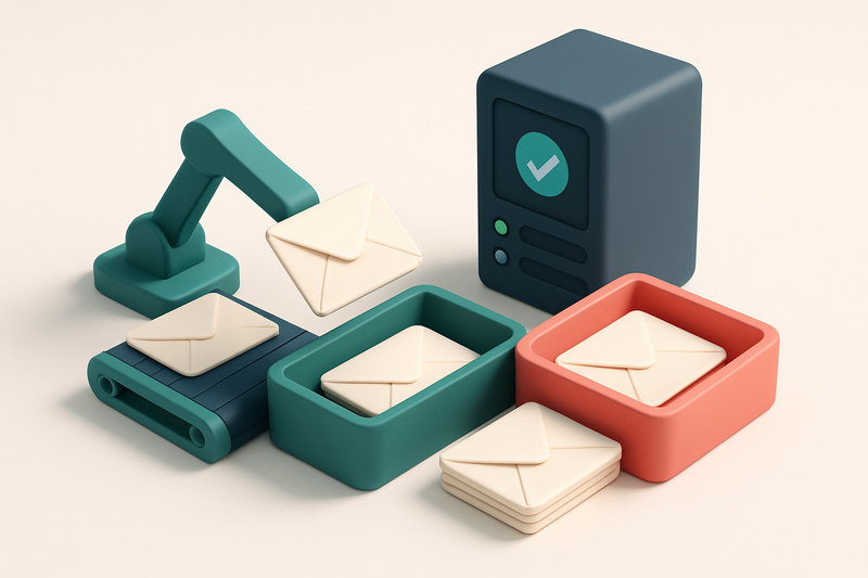 an isometric email inbox with envelopes being sorted onto a green 'valid' tray and a red 'invalid' tray, a server tower