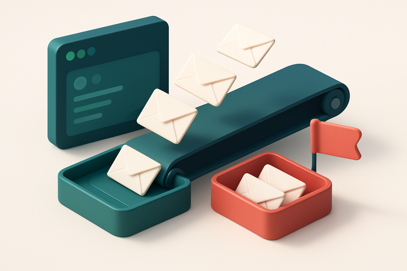 An isometric view of a Freshsales dashboard with incoming leads represented as envelopes, a conveyor belt filtering them