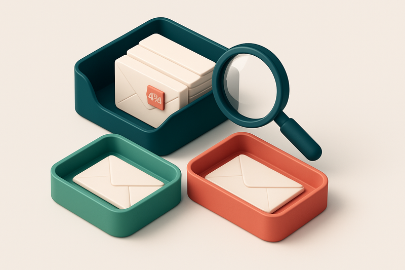 An isometric email inbox with envelopes being sorted onto a green 'valid' tray and a red 'invalid' tray, a magnifying gl