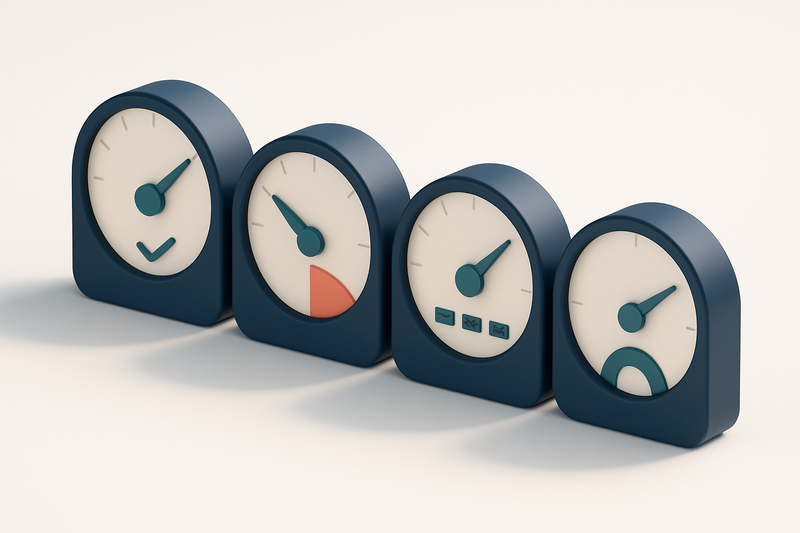 a row of four gauges showing verification accuracy, bounce rate, inbox placement, and sender reputation