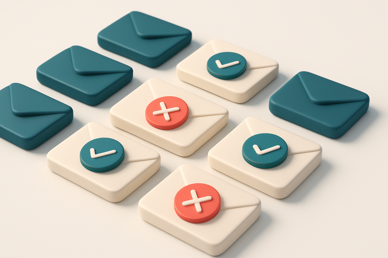 a grid of envelope icons with checkmarks and red Xs