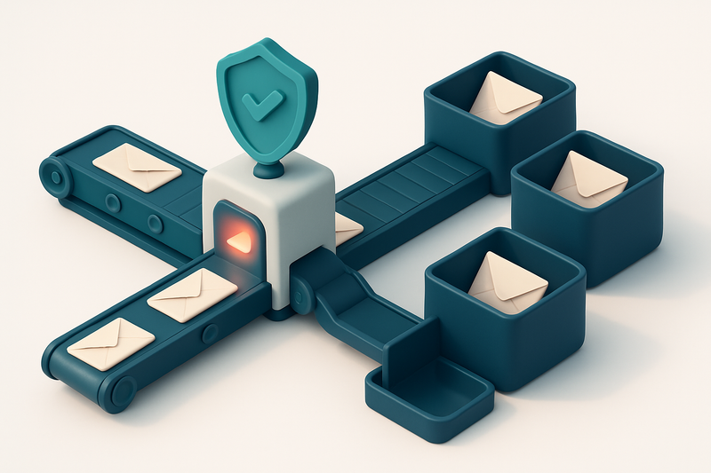 A 3D isometric illustration of a shipping logistics hub with conveyor belts moving envelopes labeled 'Valid', 'Invalid',