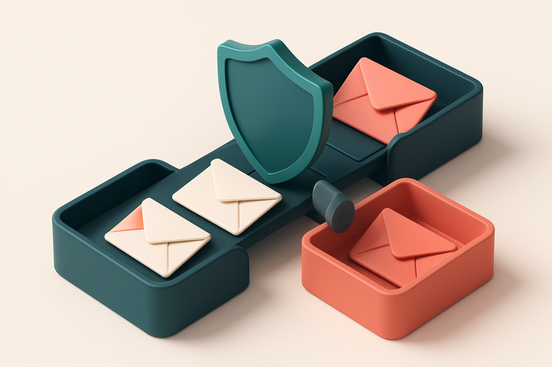 An isometric email inbox with a conveyor belt feeding envelopes into two labeled trays: a green 'valid' tray and a red '
