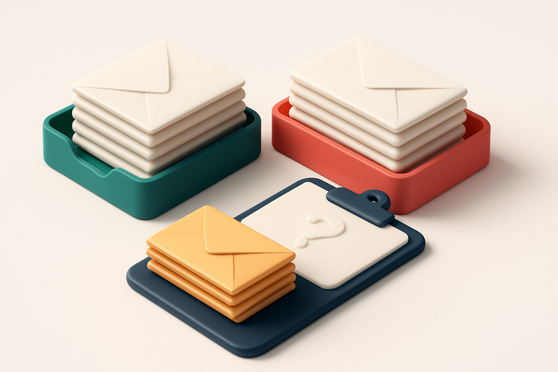 an isometric inbox with envelopes stacked on a green 'valid' tray, red 'invalid' tray, and a small stack of yellow 'risk