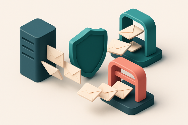 an isometric view of a network server sending envelopes labeled 'SPF', 'DKIM', and 'DMARC' through a shield labeled 'Ema