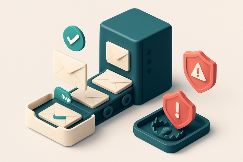 Hero: an isometric email server tower with stacked envelopes labeled 'Valid,' 'Catch-All,' and 'Invalid' being routed th