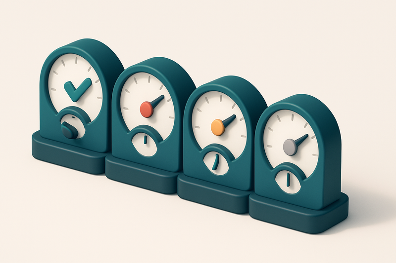 a row of four gauges, each showing different validation statuses: green (valid), red (invalid), orange (risky), grey (ca