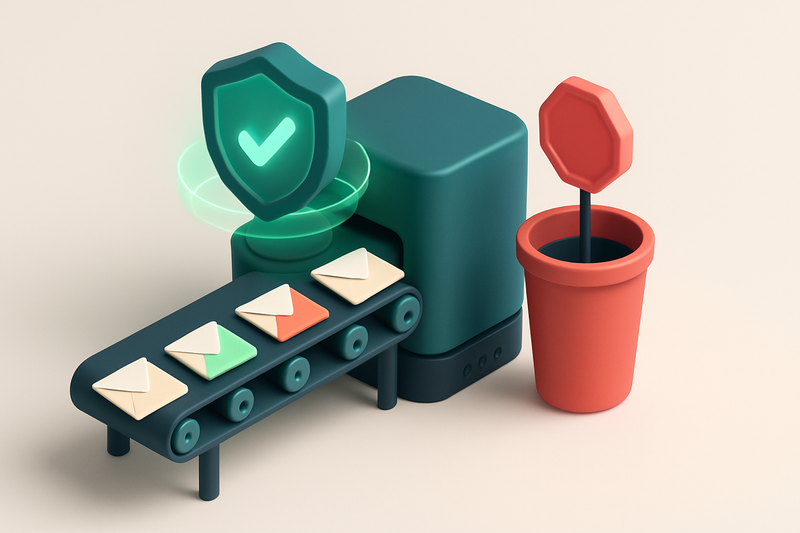 Hero: an isometric email server with a rotating DMARC shield glowing green, a conveyor belt feeding envelopes labeled 'v