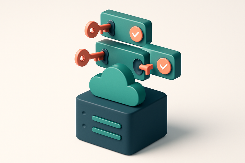 An isometric view of a cloud server with multiple DNS zones floating above it, each labeled with a domain (e.g., domainA