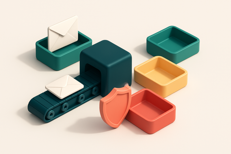 An isometric email sender workflow showing an inbox with a conveyor belt feeding into three labeled trays: green for 'Va