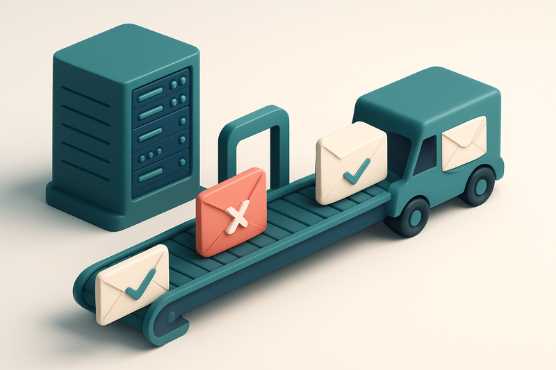 An isometric email server room with a conveyor belt carrying envelopes, each labeled with a 'pass' or 'fail' indicator.