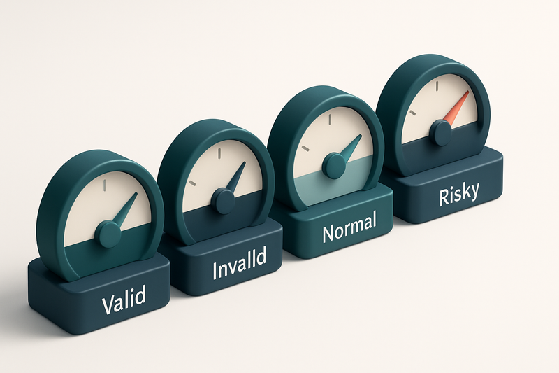 a row of four gauges, each labeled with a verdict: valid, invalid, catch-all, risky