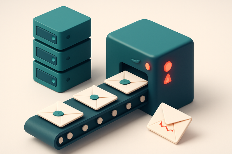 an isometric email server room with a conveyor belt moving envelopes labeled 'DKIM-signed' through a forwarder machine t