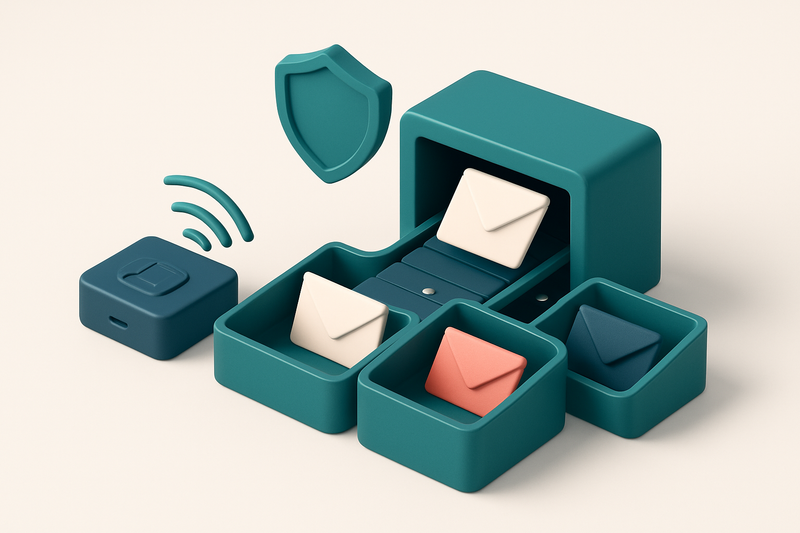 A 3D isometric illustration of a medical clinic's inbox with a conveyor belt feeding envelopes marked 'Valid,' 'Invalid,