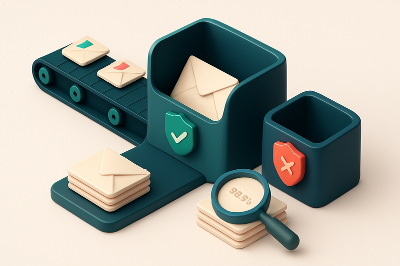 Hero: an isometric email inbox with a conveyor belt feeding in envelopes labeled 'valid', 'invalid', 'risky', and 'dispo
