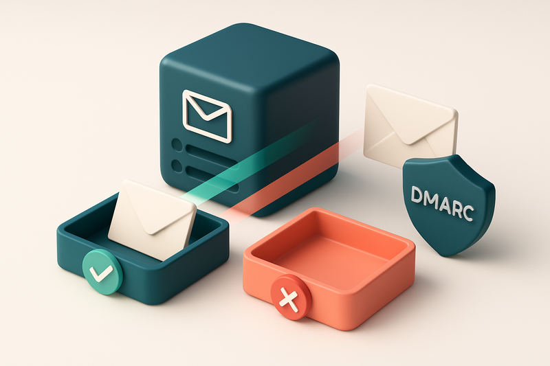 An isometric email server with red and green light beams passing through it, a green checkmark on the 'inbox' tray and a
